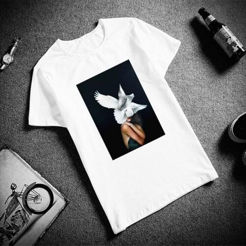 Funny female T-shirt bird butterfly feather O-neck T-shirt Harajuku graphic short-sleeved female T-shirt