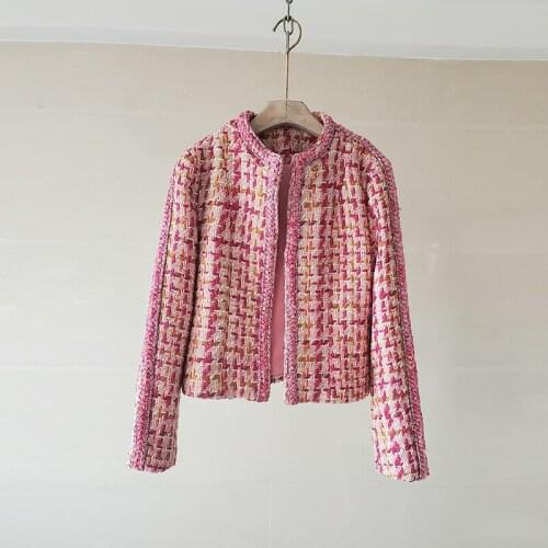 New Arrival Runway Womens French Luxury Pink Houndstooth Tweed Jacket Short Coat Jacket Elegant Top Female Outerwear Casacos