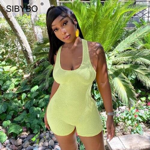 Sibybo Sexy Sleeveless Bodycon Playsuits Women O Neck Backless Skinny Romper 2021 Summer Outfits Femme Hot Biker Shorts Playsuit