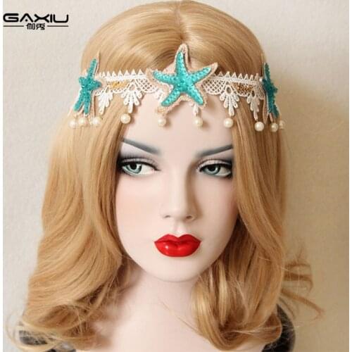 Bridal Wedding Hairbands For Women Summer Beach Starfish Pearl Tassel Headband Nature Shell Elastic Party Lace Hair Accessories