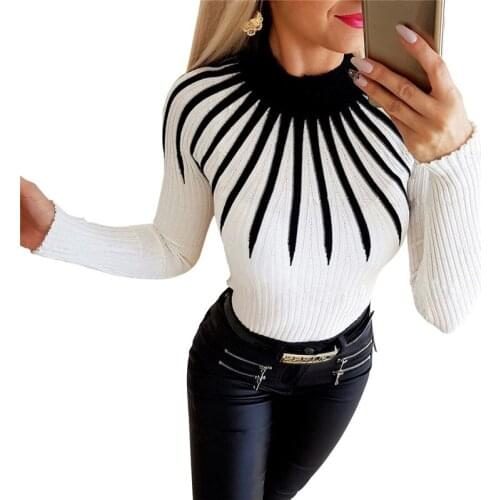 Autumn Winter Women Turtleneck Sweater Patchwork Long Sleeve Slim fit Casual Clothing Fashion Novelty Color Matching Knit Tops