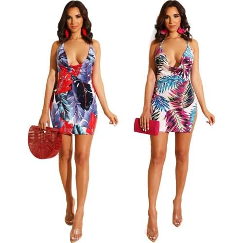 2019 Fashion Women Wrap Dresses Sleevless Ladies Deep V-neck Mini Backless Floral Print Sexy Dress For Summer Party Beach Dress