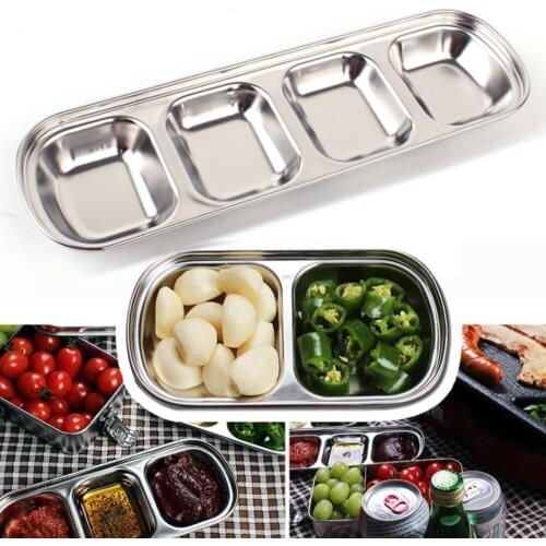 1Pcs Stainless Steel BBQ Dip Dish Condiment Plate Sub-Grid Flavored Sauce Vinegar Bowl Compartment Seasoning Dipping Plates
