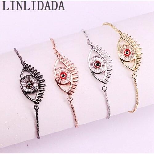 10Pcs Gold/ Black / Rose Gold Color CZ Zircon Stone Paved Eye Link Chain Adjustable Bracelet Fashion Jewelry