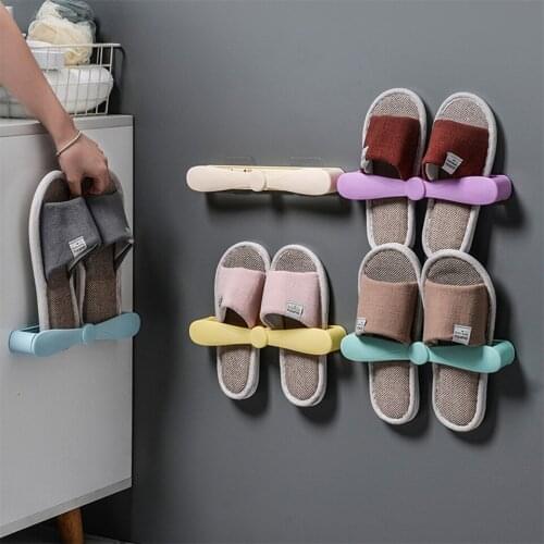 2Pcs Adjustable Wall Mounted Shoe Rack Slippers Hanger Adhesive Slippers Shelf Home Shoe Holder Plastic Organizer For Bathroom