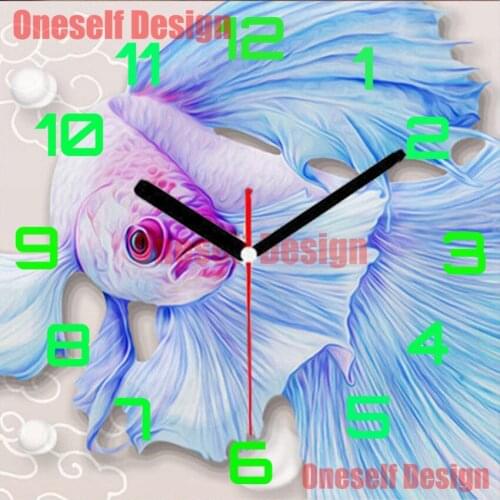 5d diamond painting cross stitch with clock animal fish 5d diamond embroidery full set animal fish decoration home wall sticker