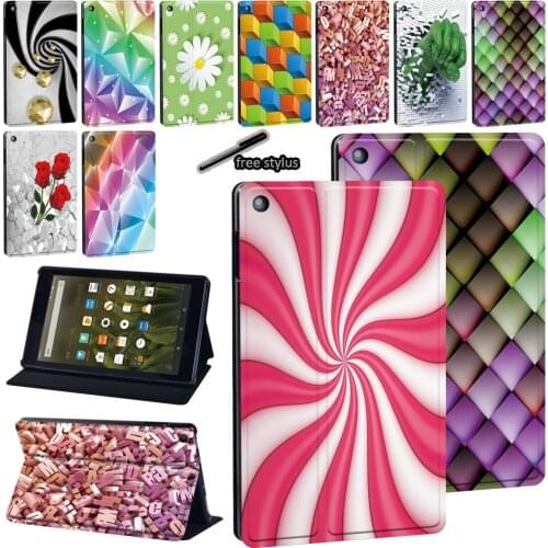 For Amazon Fire 7 /Fire HD 8 (6/7/8th)/Fire HD 10 (5/7/9th Gen) 3D art Print Pattern PU Leather tablet Stand Cover Case+Stylus