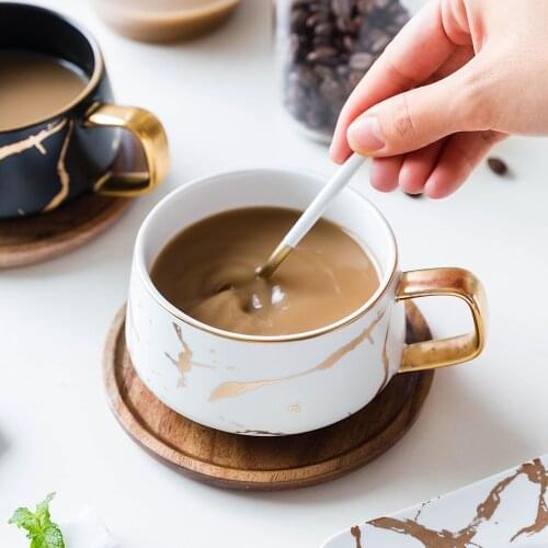 320/400ml Nordic Style Marble Ceramic Mugs Milk Coffee Cups Saucer With Wooden Lid Tray Spoon Set Matte Couples Mug