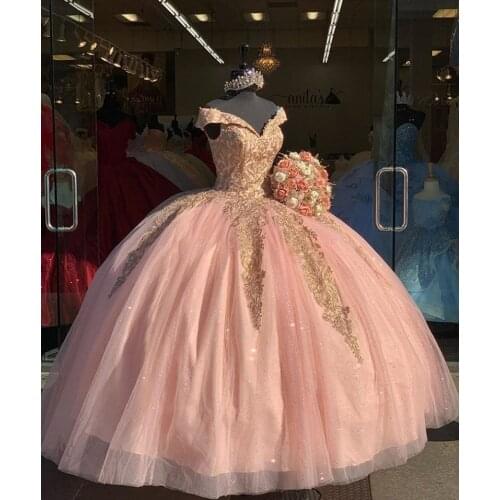 Sweet 16 Pink Quinceanera Dresses Off Shoulder Lace Ball Gown Sweet 15 Dress Prom Gowns vestido de 15 anos quinceanera gowns
