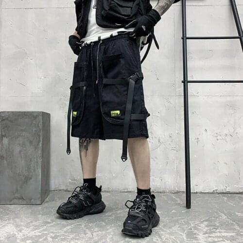 2021 Summer Ribbons Bandage Techwear Hip Hop Cargo Shorts Mens Multi-Pockets Harajuku Casual Short Pants Bermuda Homme