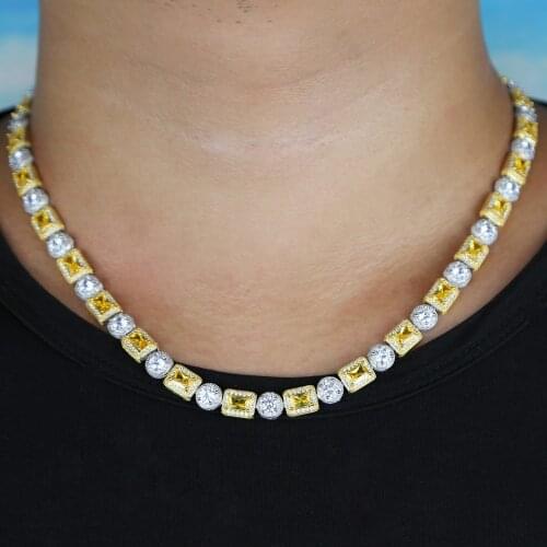 Top quality iced out bling cz cluster men boy chain 5A baguette cz cubic zirconia hiphop clear yellow two tone rock men Necklace
