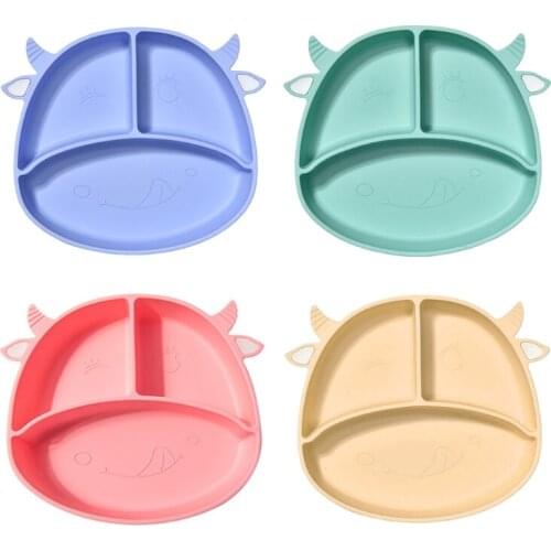 Food Grade Silicone Cartoon Cows Baby Divided Suction Bowl Slip-resistant Children Dinner Plate Infant Learning Feeding G99C