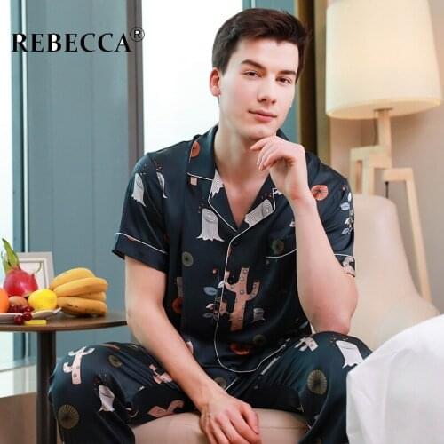 Two-Pieces Silk Pajamas Set Satin Male Sleepwear Loose Geometric Print Silky Short Sleeve Long Pants Pyjamas Sets for Men