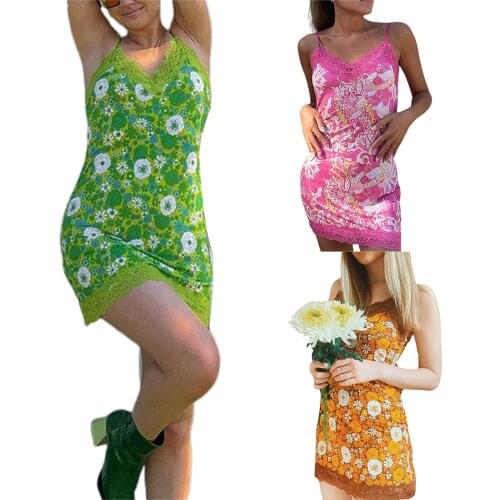 Summer Fashion Casual Female Slip Dress,Lace Trim Floral Print V-Neck Sleeveless for Ladies, Brown/Pink/Green, S/M/L
