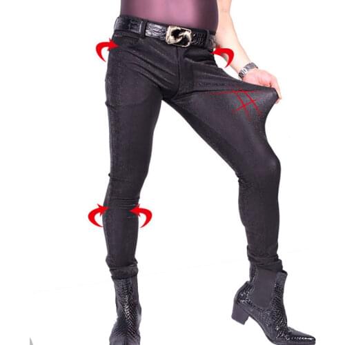 Sexy Men Plus Size 3D Print Punk Elastic Tight Trousers PU Faux Leather Shiny Pencil Pants Glossy Stage Pencil Pants Jeans F119