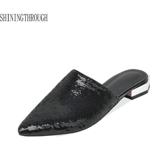 Low heels ladies slippers gold mules shoes women bling slippers pointed toe sequined cloth fshiny women shoes size 45 46 47 48