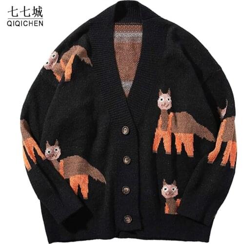 Hip Hop Knitted Sweater Men Vintage Alpaca Pattern Harajuku Sweater Oversized Streetwear Loose Cardigan Pullover Men Women