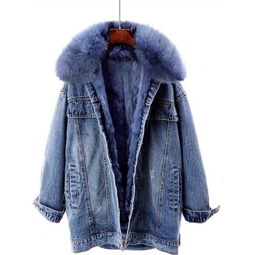 Removable Fox Fur Collar Rex Rabbit Fur Liner Denim Jacket Women Loose 5 Color Winter Thick Warm Parker Jeans Jacket Coat Female