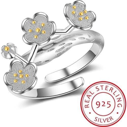Wiredrawing 2 Colors Plum Flower S925 Adjustable Rings 925 Sterling Silver Fine Jewelry for Women Anti Allergy LMRY009