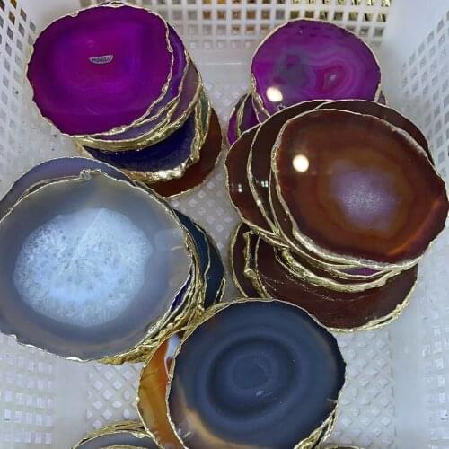 1pcs Natural agate slices coaster Polished Agate Gems Crafts Pad coasters gilt lace mineral decoration Stone Holiday Gift