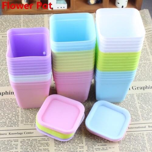 10Pcs Random Color Mini Square Plastic Plant Flower Pot With Trays Home Office Decor Planter Plastic Green Plant Pots