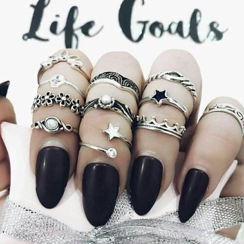 11 pcs/set Ancient Silver Color Knuckle Rings Set For Women Crown Star Crystal Flower Circle Mid Finger Ring Jewelry Accessories