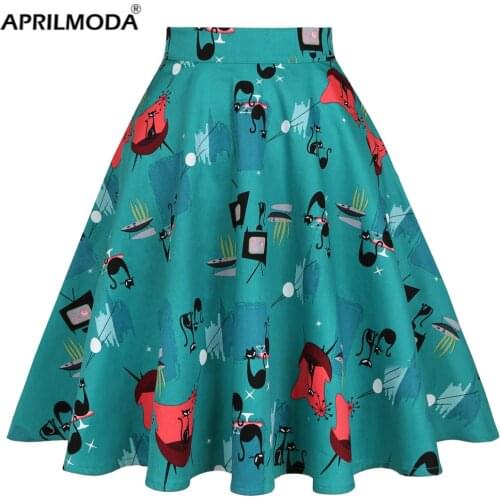 2021 Cat Printed Short Swing Cotton Casual Summer Skirts High Waist Vintage Retro Skater Punk Harajuku Midi Skirt faldas mujer