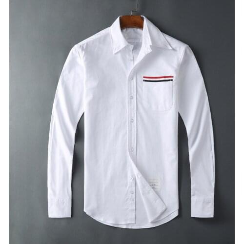 2021 Fashion TB THOM Brand Shirts Men Slim White Pocket Stripes Full Casual Shirt Turn Down Collar Oxford Solid Mens Clothing