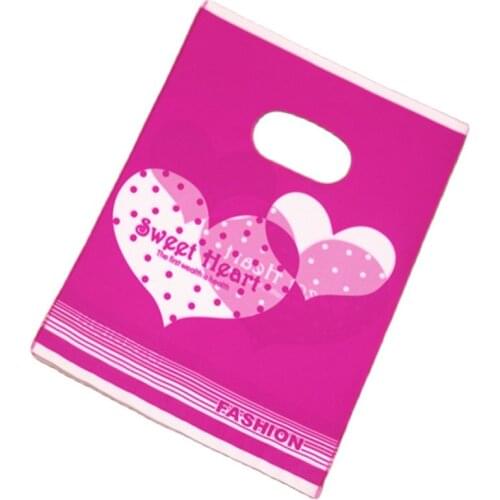 2016 New Design Wholesale 100pcs/lot 15*20cm Hot Pink Double Sweet Heart Plastic Present Gift Packaging Bags