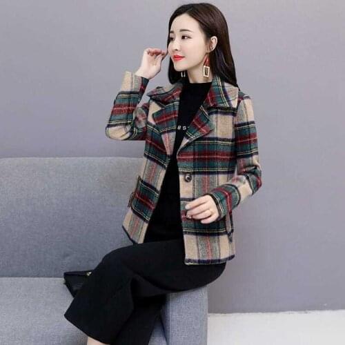 2021 Spring Autumn New Fashion Plaid Wool Jacket Women Short Loose Long Sleeve Outwear Plus Size 4XL Casual Female Wool Coat