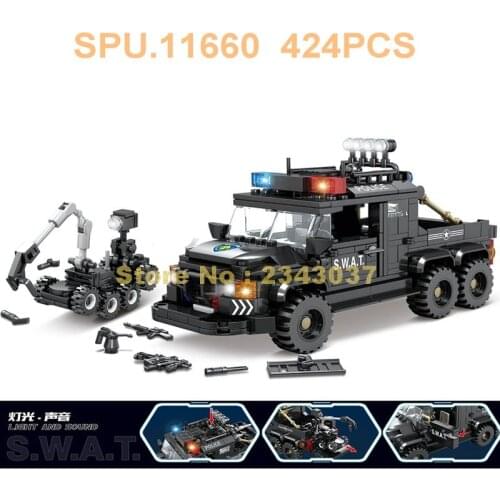 67284 424pcs Police Swat Multifunctional Bomb Disposal Vehicle With Light Sound 2 Dolls Building Blocks Toy