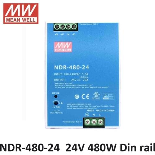 24V DC laboratory power supply MEAN WELL NDR-480-24 Single Output 480W 24V 20A Industrial DIN Rail Mounted Meanwell Power Supply