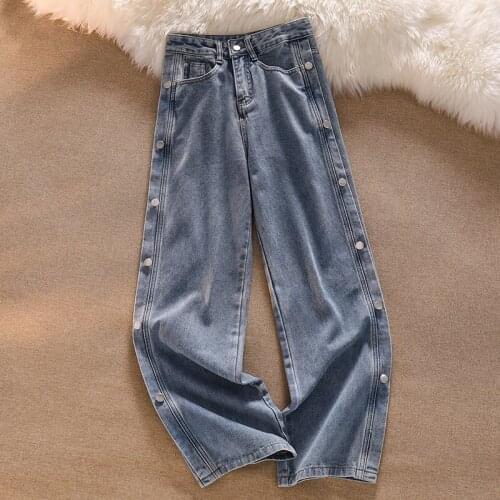 Fashion Wide Leg Jeans For Women High Waist Side Single-breasted Mom Jeans Plus Size Jeans Denim Pants Trousers Jean Femme
