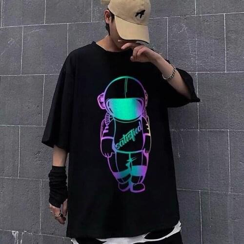T-shirt Women And Men Summer Laser Colorful Astronaut Reflective Tide Loose Couple Models Tide Short Sleeve Shirt