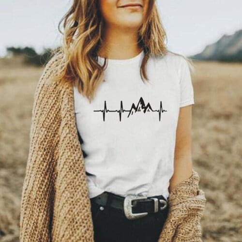 Outdoor Harajuku Print Tshirt Women Summer The Mountains Are Calling Geometric Graphic Tee Shirt Cotton Black White T Shirt Tops