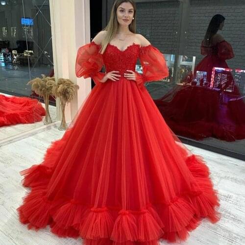 Red vestidos de 15 años Quinceanera Dress with Removable Sleeves Applique Sweetheart 16 Dress Court Train Prom Gown 2021