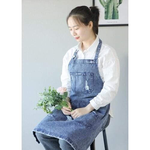 Fashion Personality Ripped Denim Work Apron For Women Men Chef Kitchen Cooking Hairdressing Hairdresser Floral Adults Apron