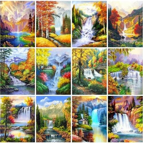 HUACAN DIY Painting By Numbers Waterfall Landscape Tree Pictures By Number Mountain Handmade Home Decoration Gift 40x50 Frame