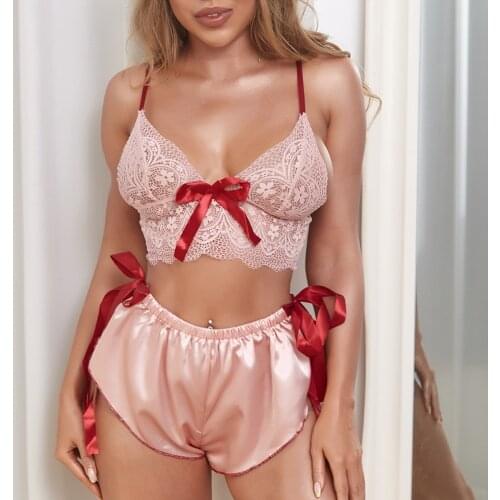2021 Newest Underwear Women Set Red Bow Stitching Sexy Solid Lace Silk Perspective Three-Point Sexy Lingerie