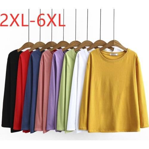 New Ladies Autumn Winter Plus Size Basic Tops For Women Large Loose Long Sleeve Cotton Yellow Elastic T-shirt 3XL 4XL 5XL 6XL