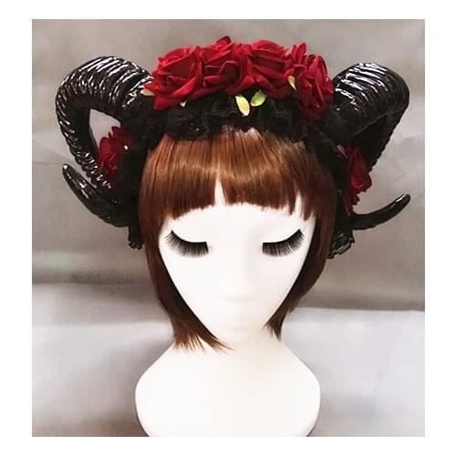 Restyle Sheep Horn Rose Flower Headband Gothic Beauty Horror Horns Halloween Black Veil Lace Retro Hair Accessories Vintage