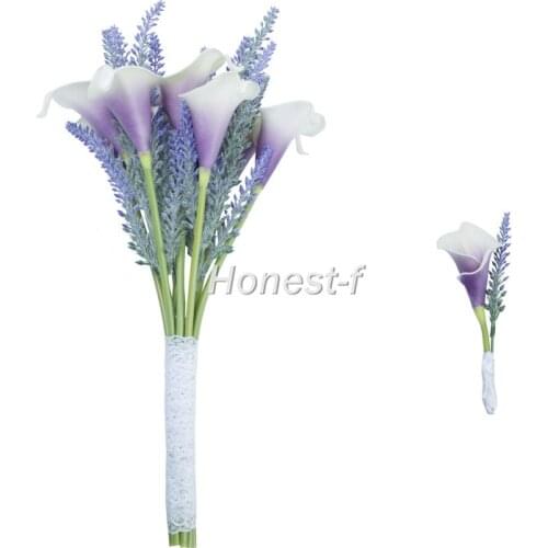 Hand Tie Artificial Flocked Lavender ,Calla Lily Bouquet with Men Groom Corsage for Wedding Home Office Arrangement Decor