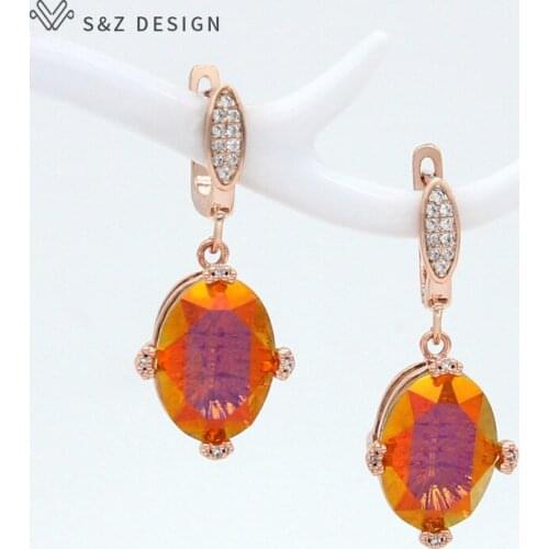 S&Z DESIGN Fashion Oval Crystal Dangle Earrings 585 Rose Gold Cubic Zirconia Eardrop For Women 2020 Luxury Wedding Jewelry