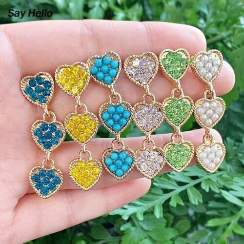 SAY HELLO Turquoises Beaded Crystal Inlaid Heart Tassel Dangle Earrings for Women Female Geometric Jewelry Brincos серьги K5070