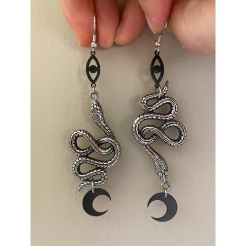 Snake Earrings, Crescent Moon Celestial Serpent Dangle Earrings, handmade jewelry, gift