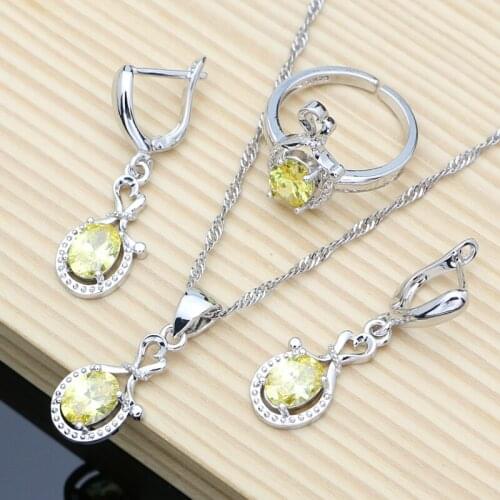 Bride Wedding Earrings 925 Sterling Silver Jewelry Sets for Women Yellow Topaz Stone Necklace Open Ring Trendy Jewelry 10 Colors