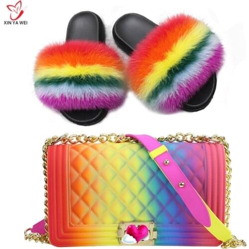 100% real fox fur slippers women fur slides rainbow shoe cute fur flip flops women travel Furry shoes jelly bags Set fashion bag
