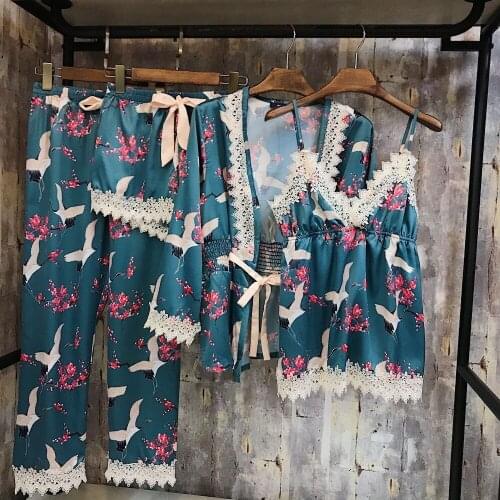 Spring Womens Dots Long Sleeved Pants Sets Sleepwear Sweet Home Clothes Ladies 4 Pieces Silk Satin Nightwear Pyjamas