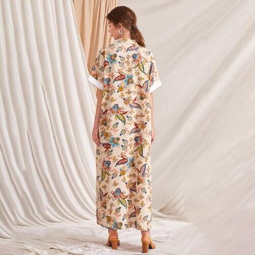 FridayIn Autumn New Printed Stand Up Collar Short Sleeved Loose Waist Fashion Lady A Line Skirt Urban Casual Muslim Dress Woman