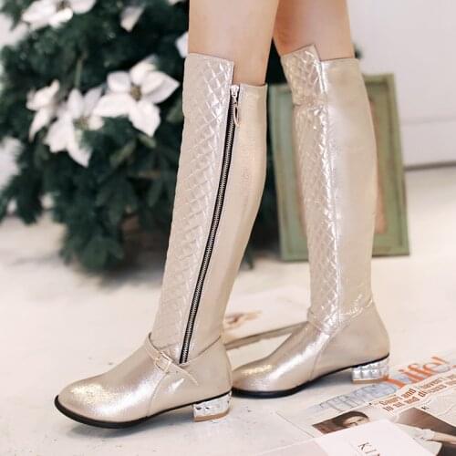 AIWEIYi Fashion Woman Knee High Boots Black Gold Silver Autumn Winter Long Thigh High Boots Botas Shoes Woman Riding Boots